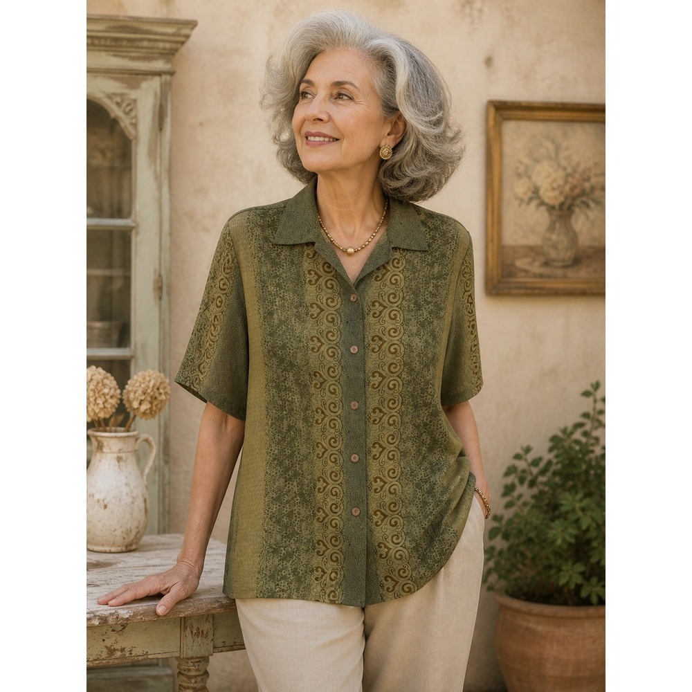 Carole Little Women Olive Green Mixed Print Button Down‎ Blouse Vintage 1X